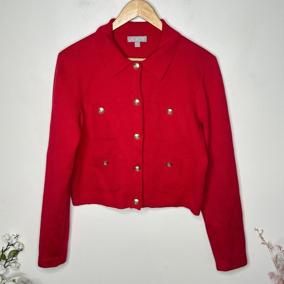 J. CREW Patch-Pocket Sweater Lady Jacket Red Sz M $158 {T33} - Picture 4 of 8